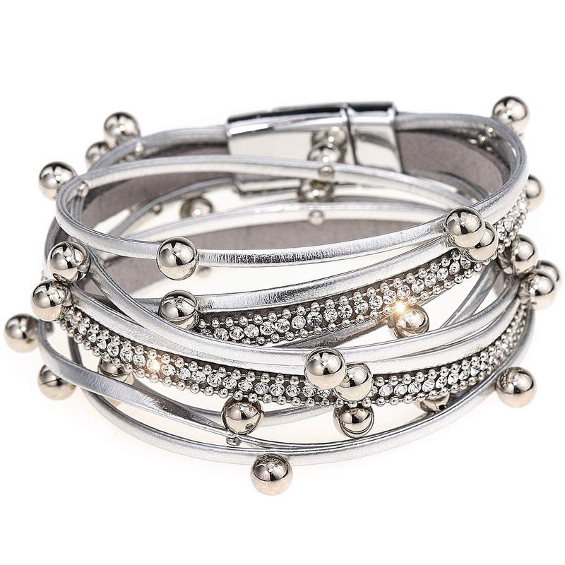Suyi Women Wrap Bracelet Multilayered Leather Braided Bangle Wrist Cuff Bangles with Magnetic Buckle Silver1 - Image 1